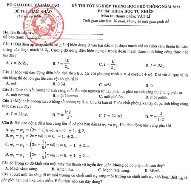 Đề minh họa tốt nghiệp THPT môn Vật lí 2023