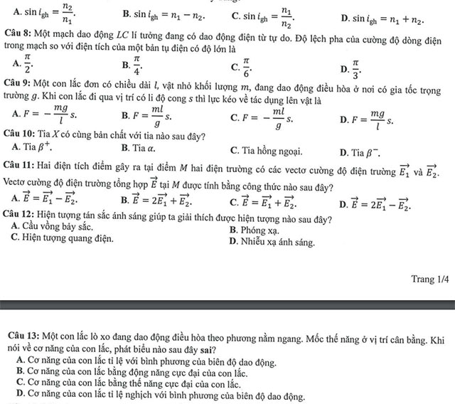 Đề minh họa tốt nghiệp THPT môn Vật lí 2023