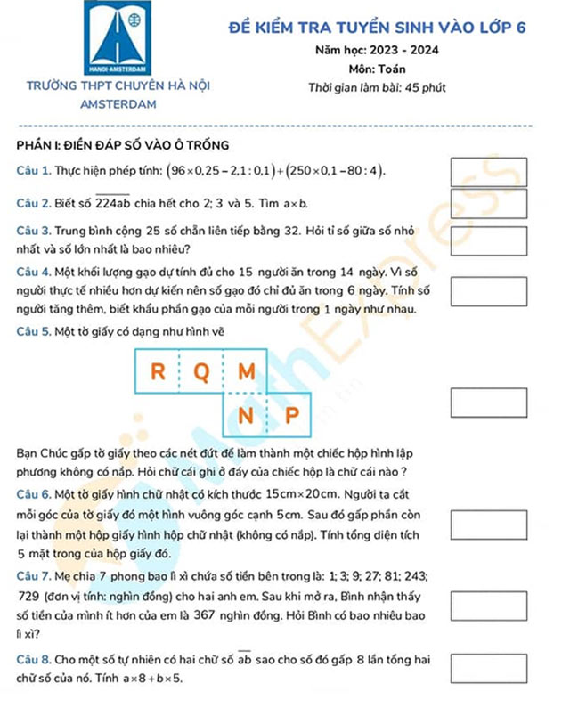 Đề thi vào lớp 6 môn Toán trường Amsterdam