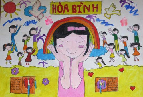 Mẫu tranh vẽ Em yêu Hà Nội - thành phố vì hòa bình 2023