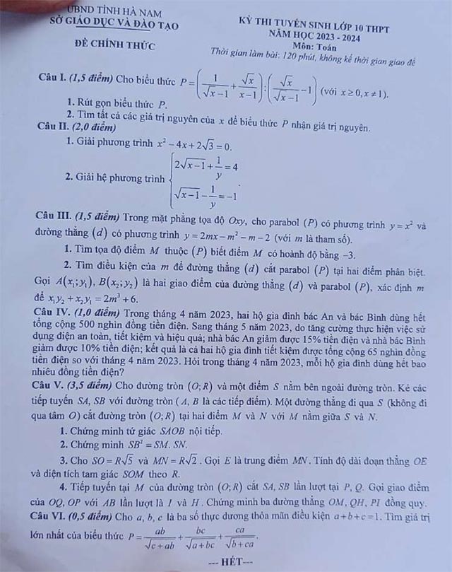 Đề thi vào lớp 10 môn Toán Hà Nam