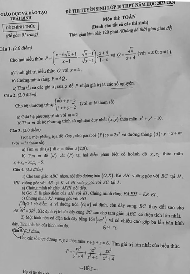 Đề thi vào lớp 10 môn Toán Thái Bình 2023